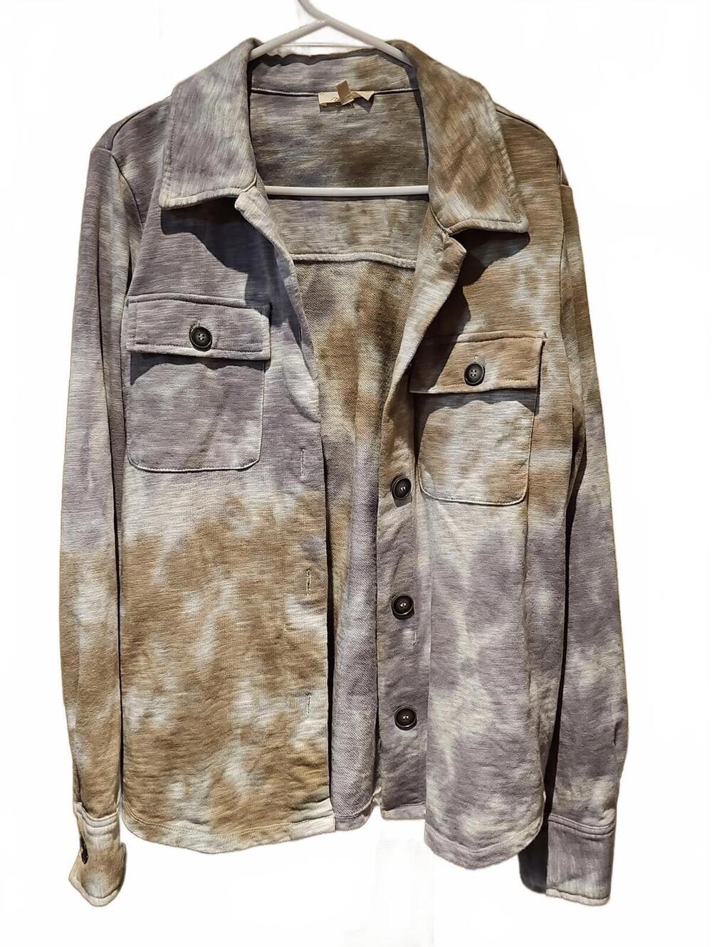 Mystree Shacket Womens Size Medium Button Up Pockets Soft Tie Dye Purple & olive
